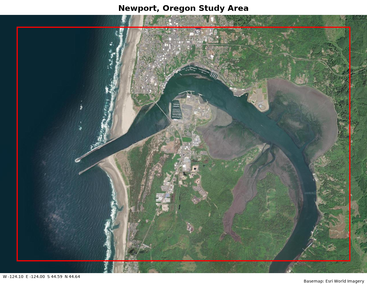 Satellite and aerial imagery of the Newport, Oregon workshop study area around Yaquina Bay, with the final DEM region outlined in red.
