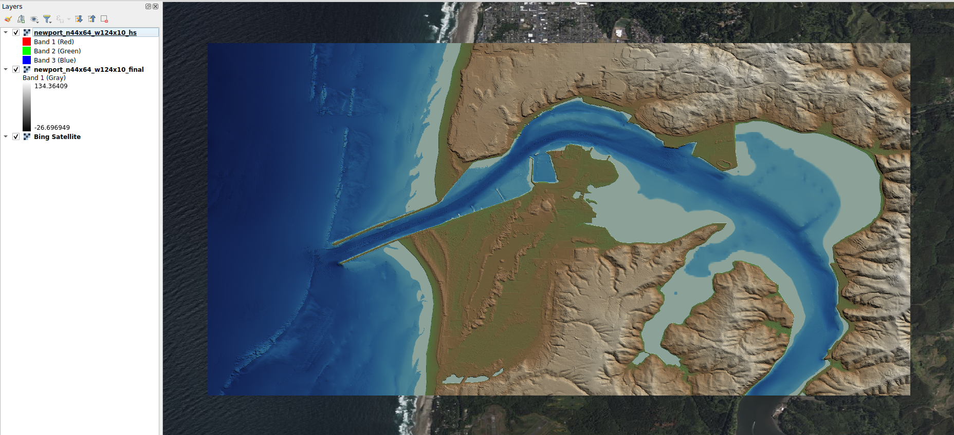 Hillshade of the finished Newport, Oregon coastal DEM around Yaquina Bay.