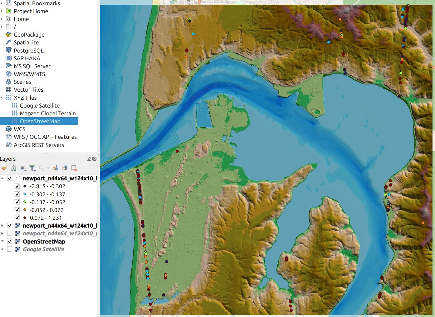 QGIS window showing the Newport IVERT errors GeoPackage displayed over the Newport hillshade, with validation points symbolized by graduated elevation error values.