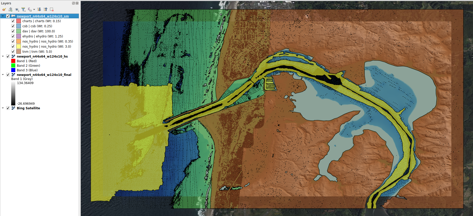 Newport, Oregon hillshade with spatial metadata overlaid, showing the source elevation datasets contributing to different areas of the DEM.