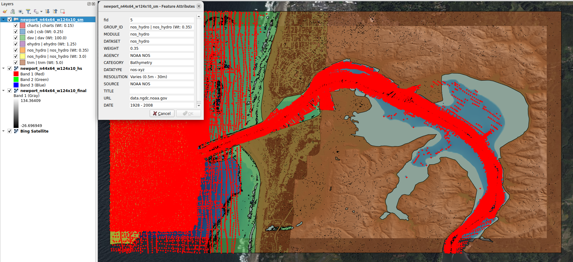 Newport hillshade with the spatial-metadata attribute table open, showing source-data information associated with mapped areas of the DEM.