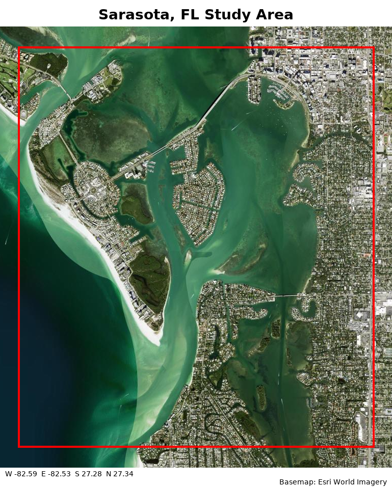 Satellite and aerial imagery of the Sarasota, Florida workshop study area around Siesta Key, with the final DEM region outlined in red.
