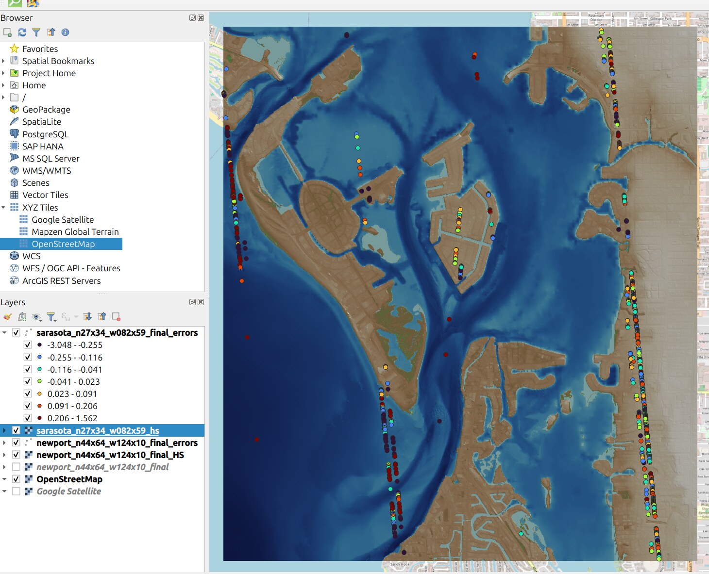 QGIS window showing the Sarasota IVERT errors GeoPackage displayed over the Sarasota hillshade, with validation points symbolized by graduated elevation error values over both land and shallow water.